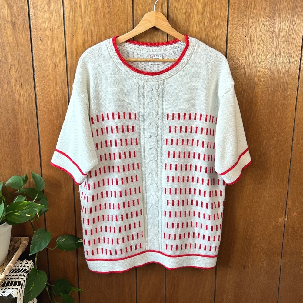 Vintage Aileen Too Womens Sweater Red Geometric Cable Knit Short‎ Sleeve 20W